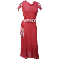 30s Red Chiffon Day Dress w/ Seed Bead Embellishment