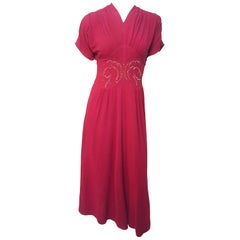 30s/40s Red Knit Jersey Dress w/ Bead Detail