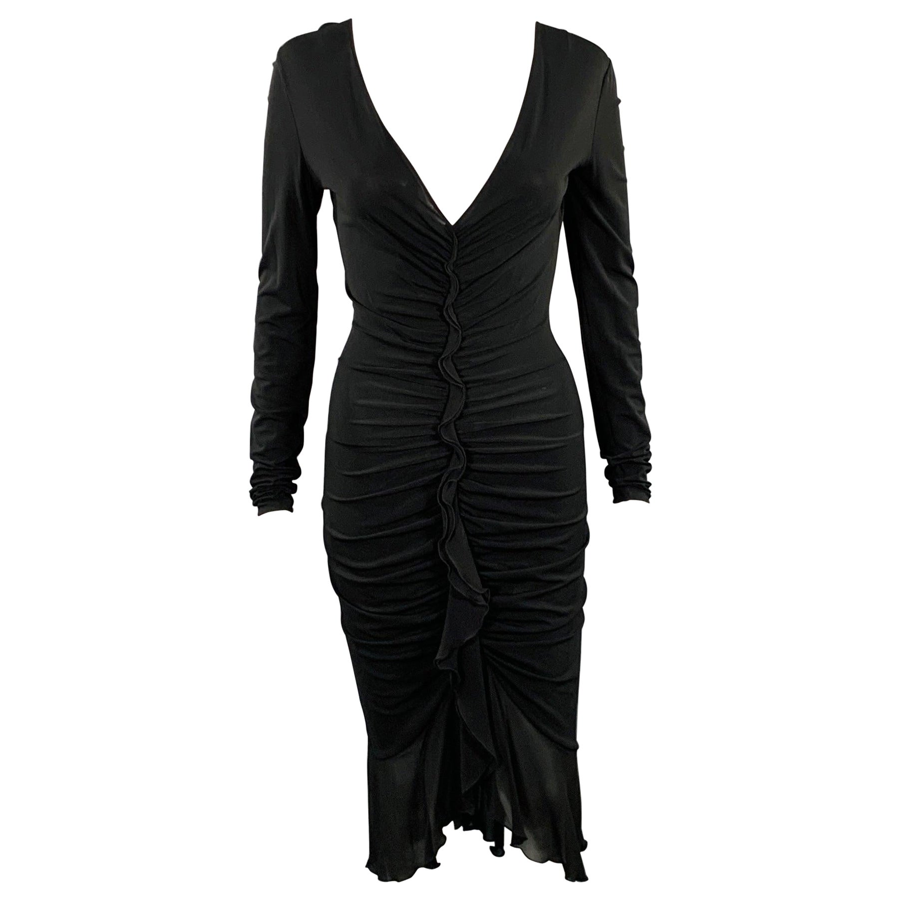 EMANUEL UNGARO - Robe de cocktail midi à volants en mélange de rayonne noire, taille XS
