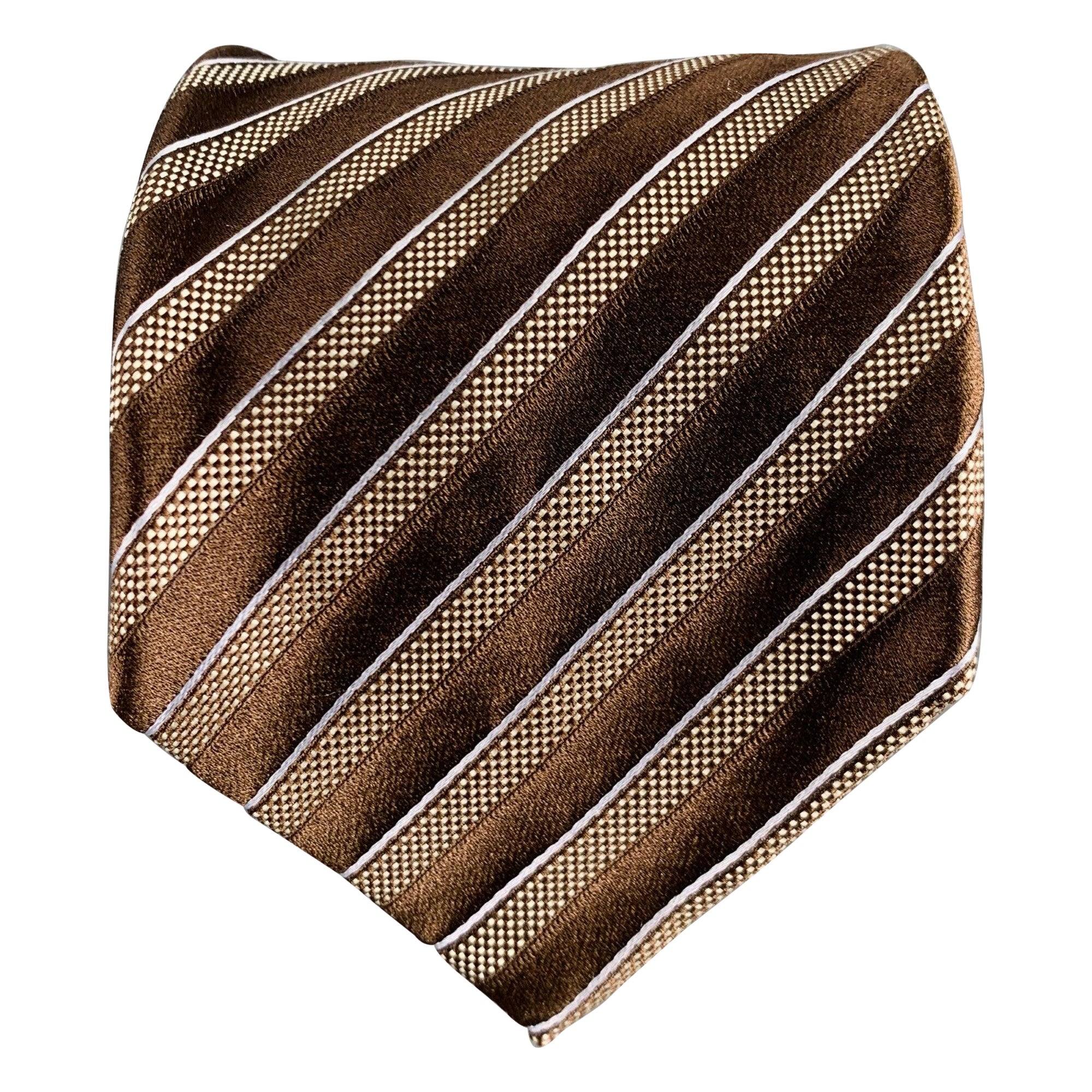 BRIONI Brown Cream Diagonal Stripe Silk Tie