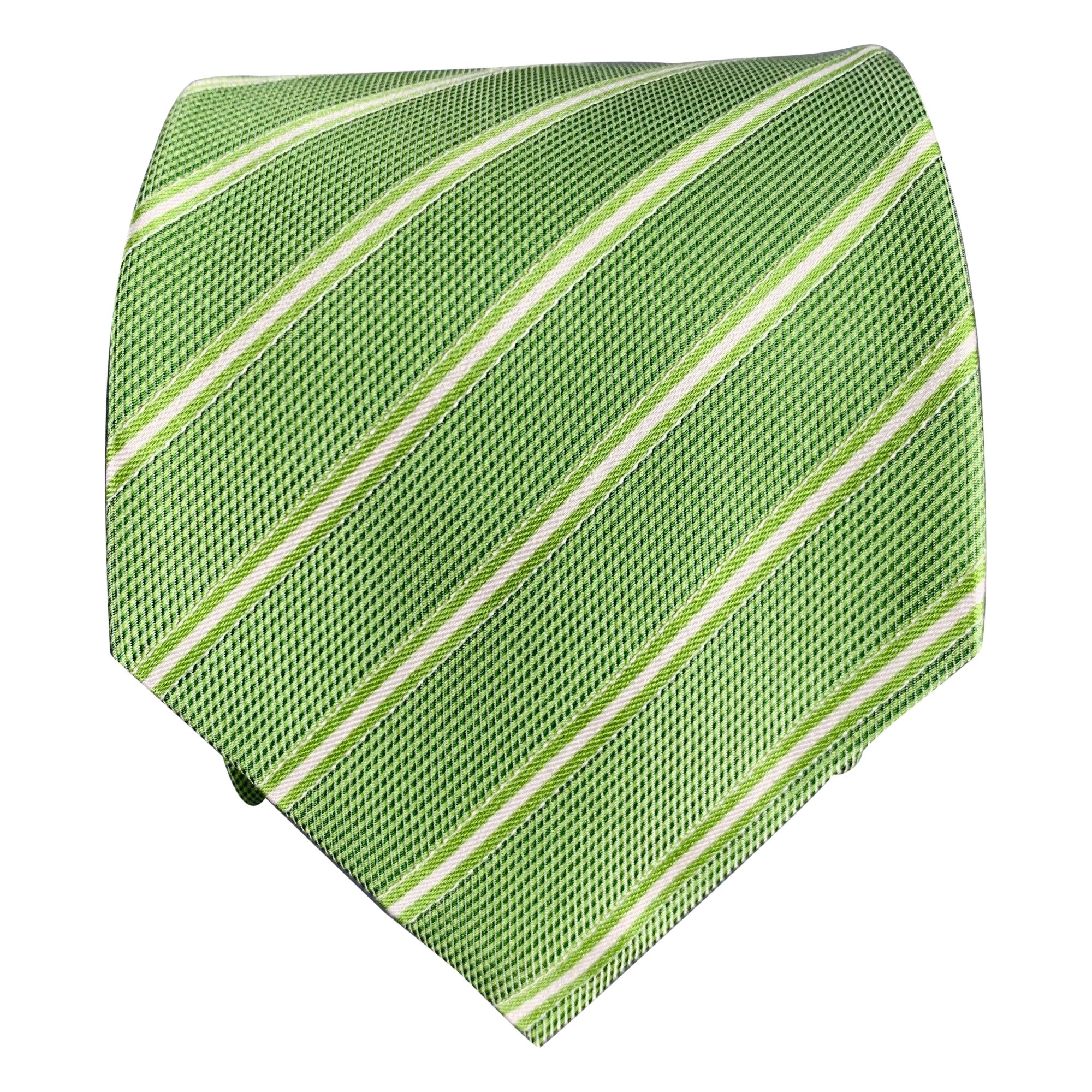ISAIA Green White Diagonal Stripe Silk Tie