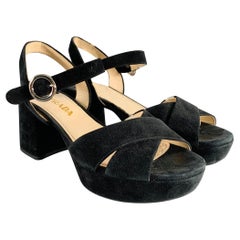 PRADA Size 7 Black Suede Chunky Heel Sandals