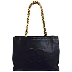 Vintage Chanel Black Leather Large Tote With Oversize Interwoven Chain Straps