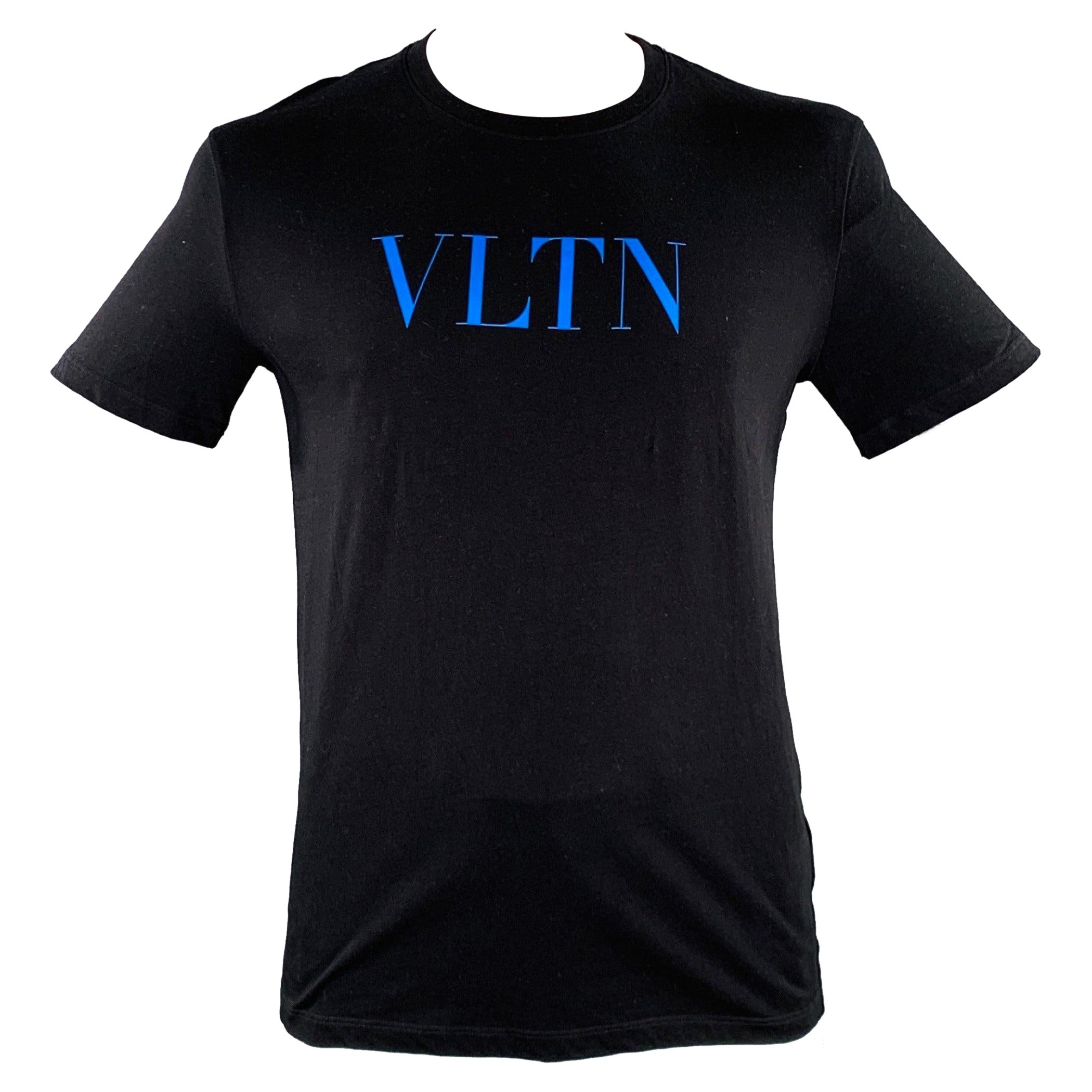VALENTINO Size L Black Blue Logo Cotton Crew Neck T-shirt For Sale