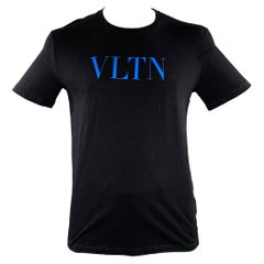 VALENTINO Size L Black Blue Logo Cotton Crew Neck T-shirt