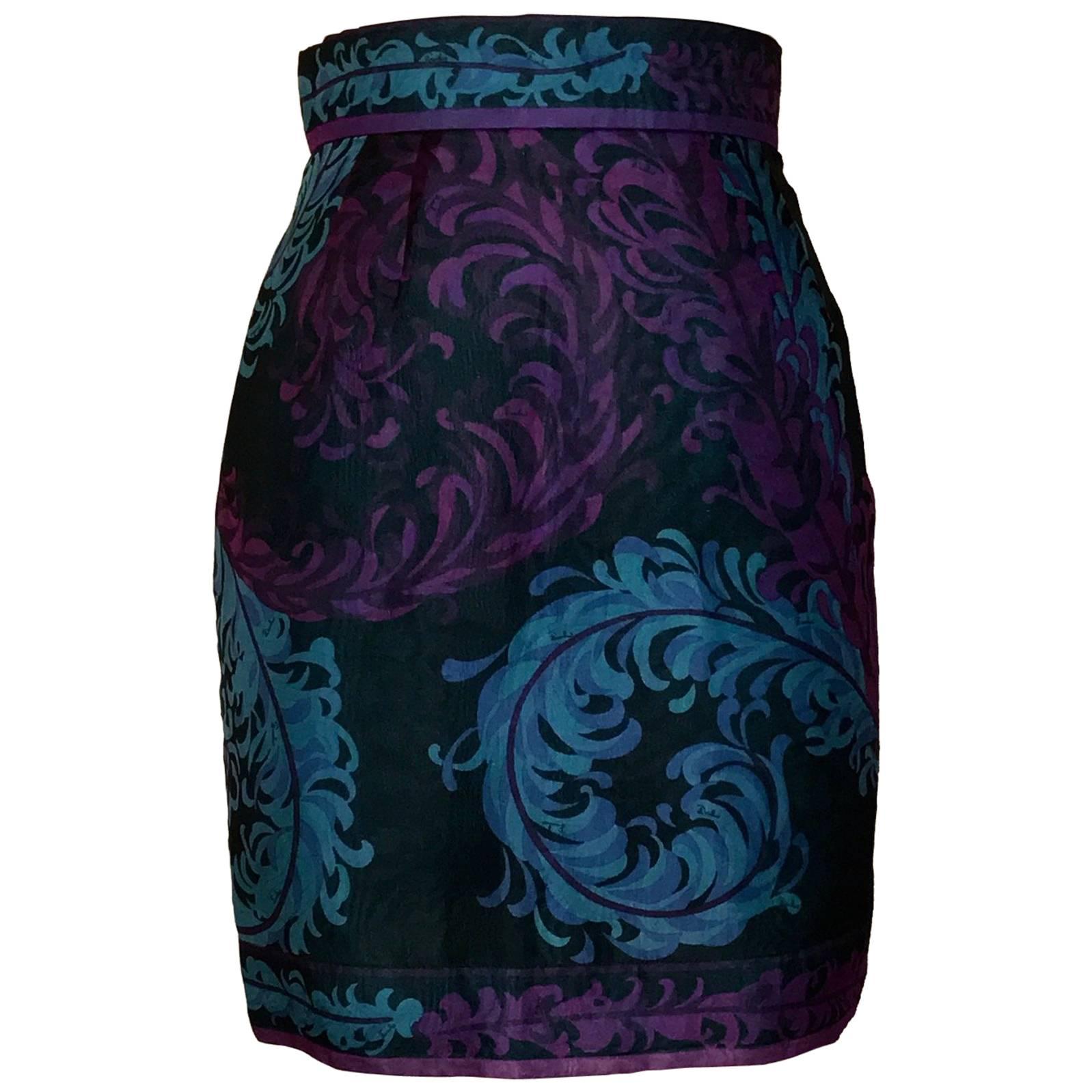 Emilio Pucci Feather Print Black Magenta and Blue Silk Mini Skirt