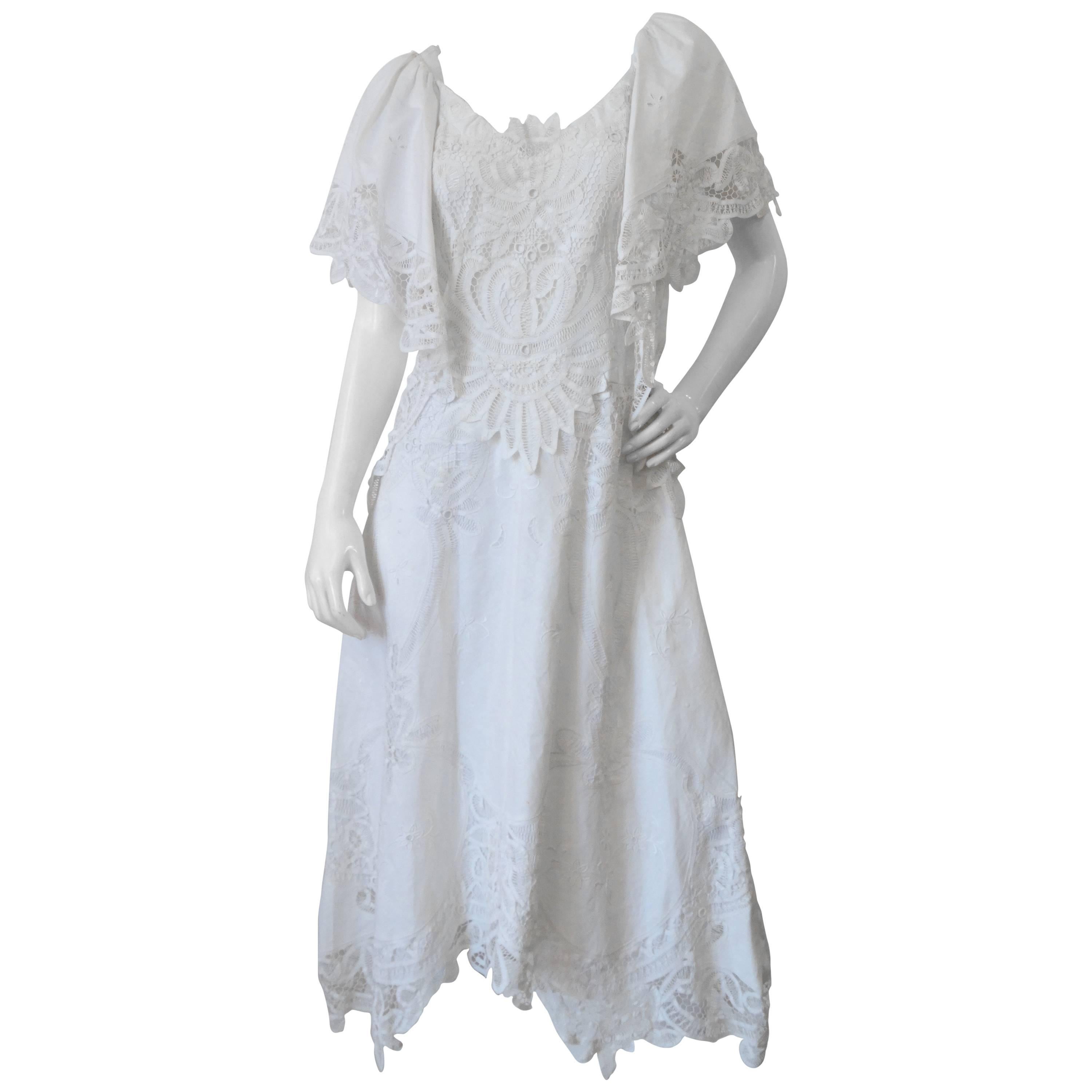 Cream Lace Applique Handkerchief Dress, 1970s 