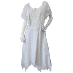 Vintage Cream Lace Applique Handkerchief Dress, 1970s 