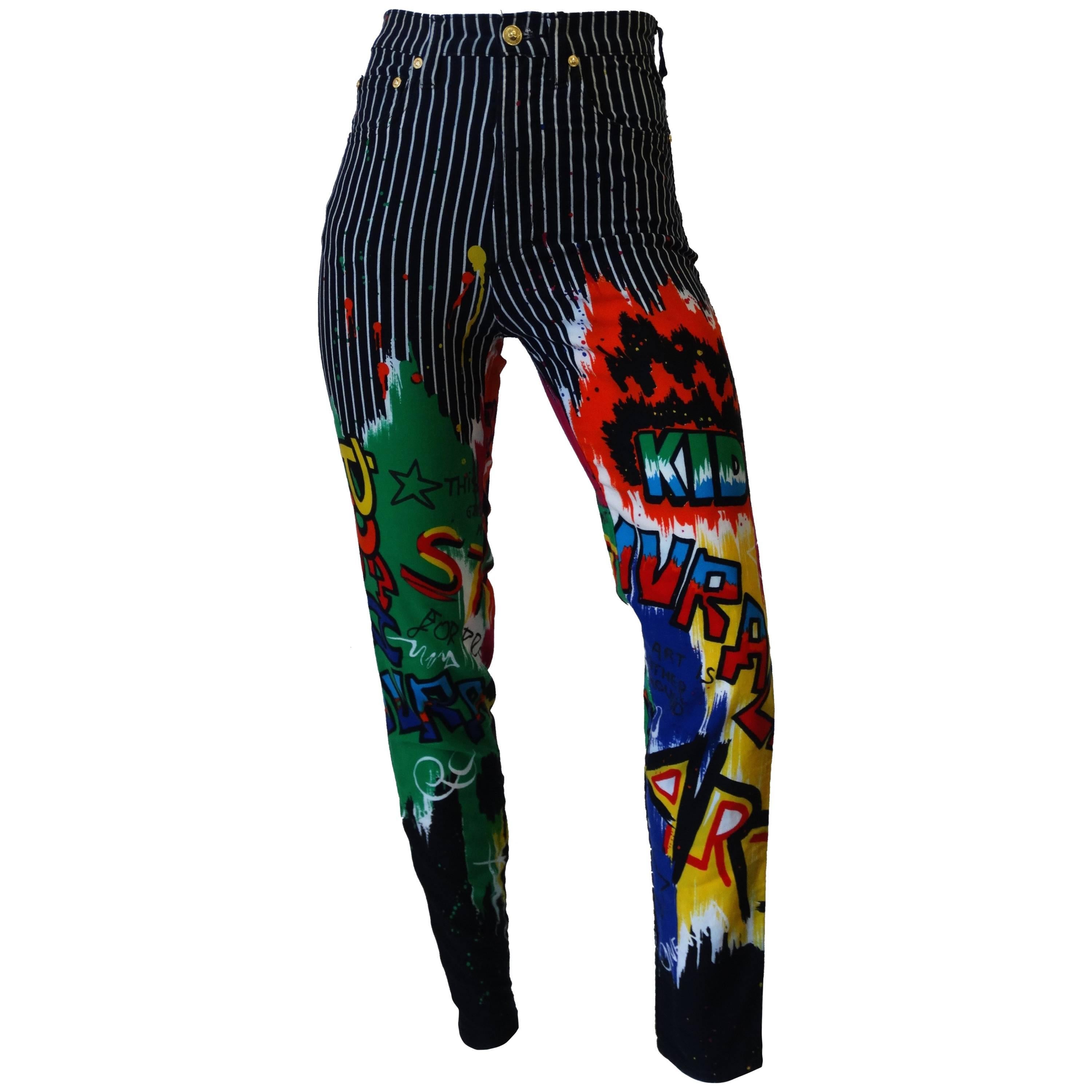 1990s Versace Graphic Graffiti Pinstripe Jeans