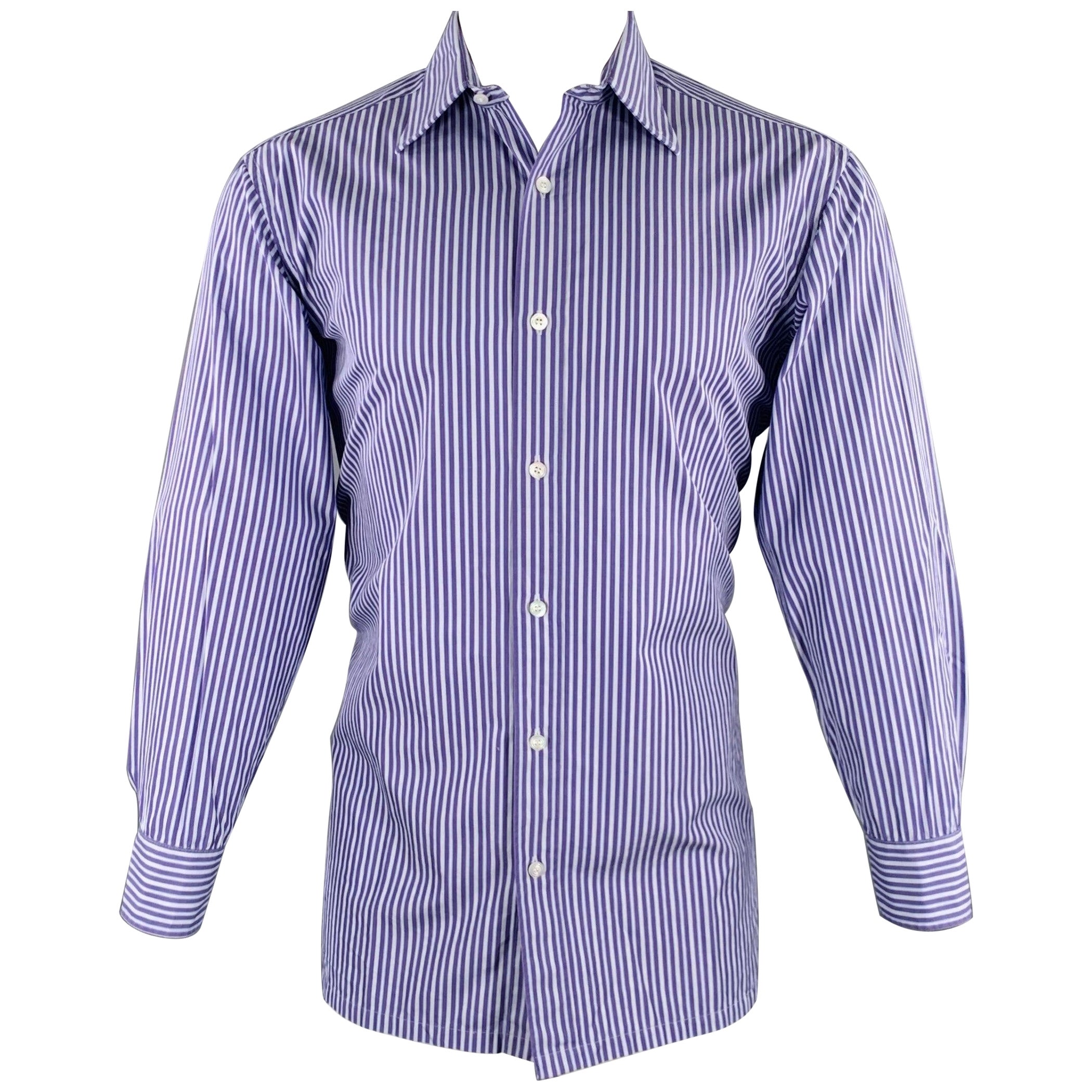 CHARVET Size M Blue Light Blue Stripe Cotton Spread Collar Long Sleeve Shirt For Sale