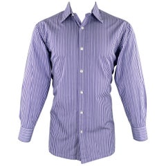 CHARVET Size M Blue Light Blue Stripe Cotton Spread Collar Long Sleeve Shirt