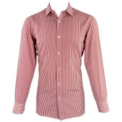 Charvet Taglia M Camicia a maniche lunghe in cotone a righe bianche e rosse con colletto aperto