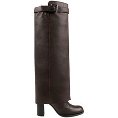 CHANEL Brown Leather Fold-Over Knee High Boots
