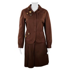 MIU MIU Size 8 Brown Wool Nylon Pleated Skirt Suit