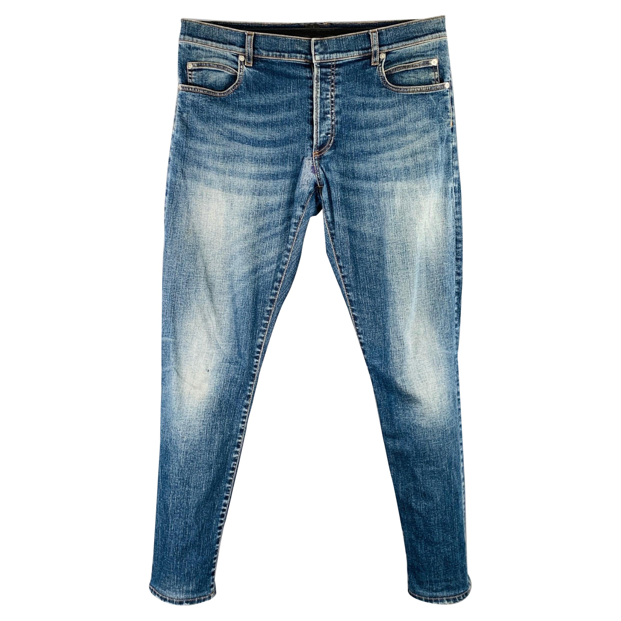 BALMAIN Size 32 Blue Contrast Stitch Cotton Blend Button Fly Jeans For Sale