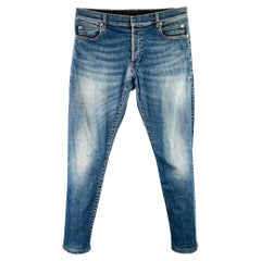 BALMAIN Size 32 Blue Contrast Stitch Cotton Blend Button Fly Jeans