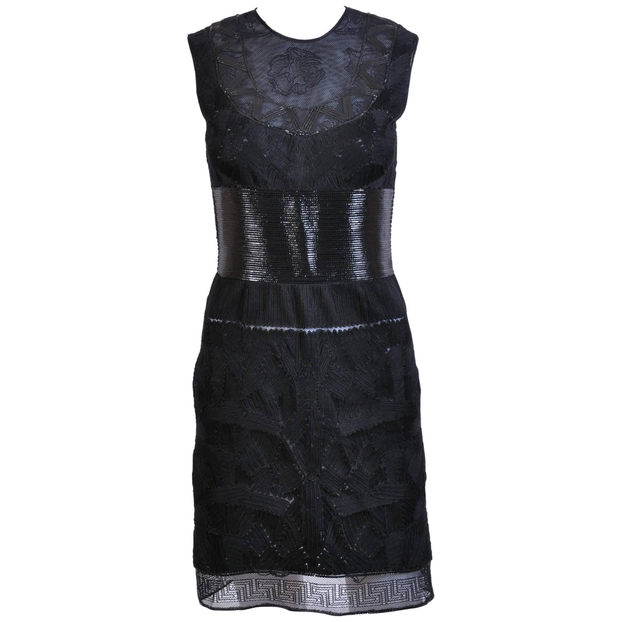 VERSACE Black Tulle Dress w/ Patent Leather Sz 38 For Sale