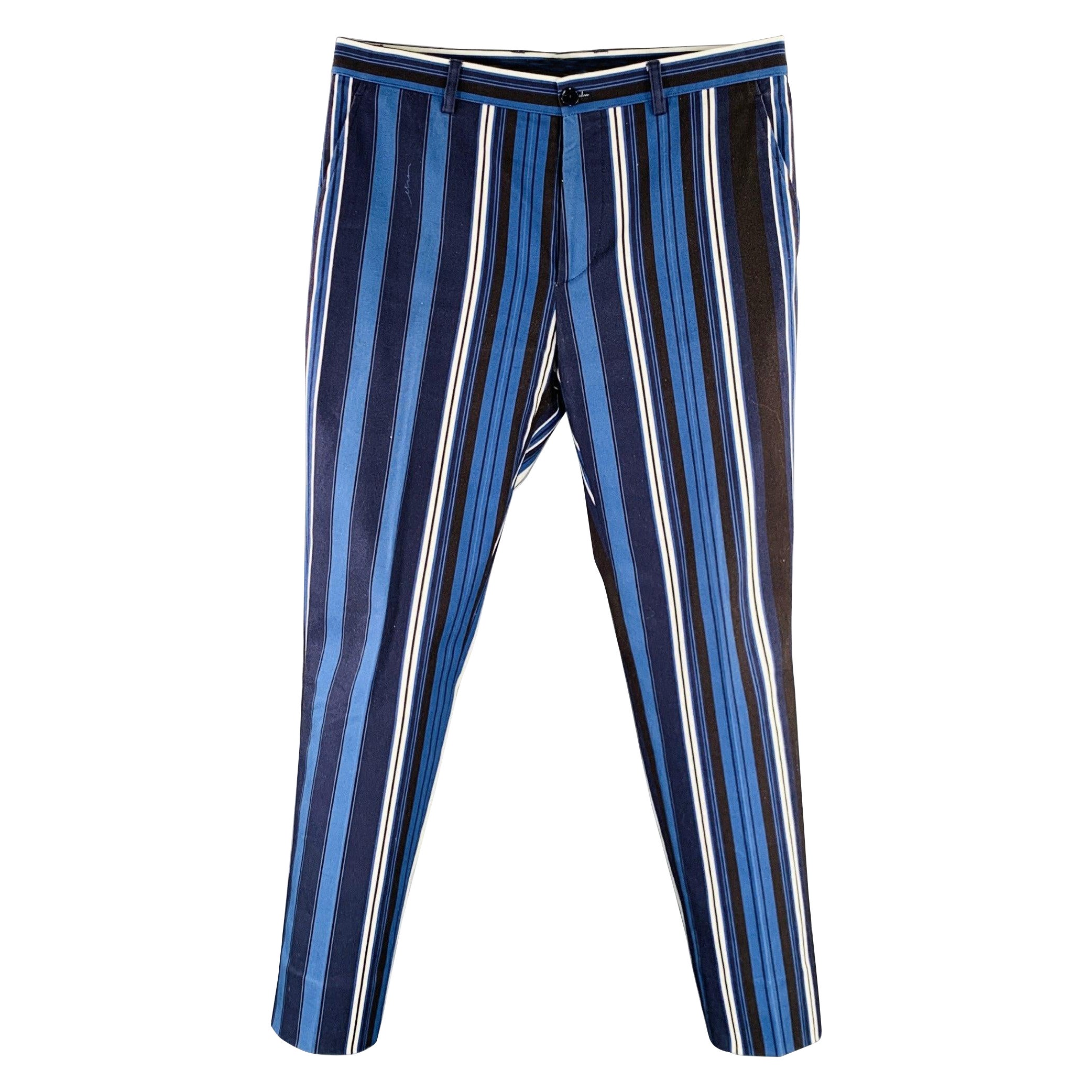ETRO Talla 32 Azul Negro Blanco Raya Algodón Mezcla Pantalones Casual Frente Plano
