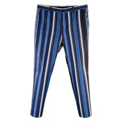 ETRO Talla 32 Azul Negro Blanco Raya Algodón Mezcla Pantalones Casual Frente Plano
