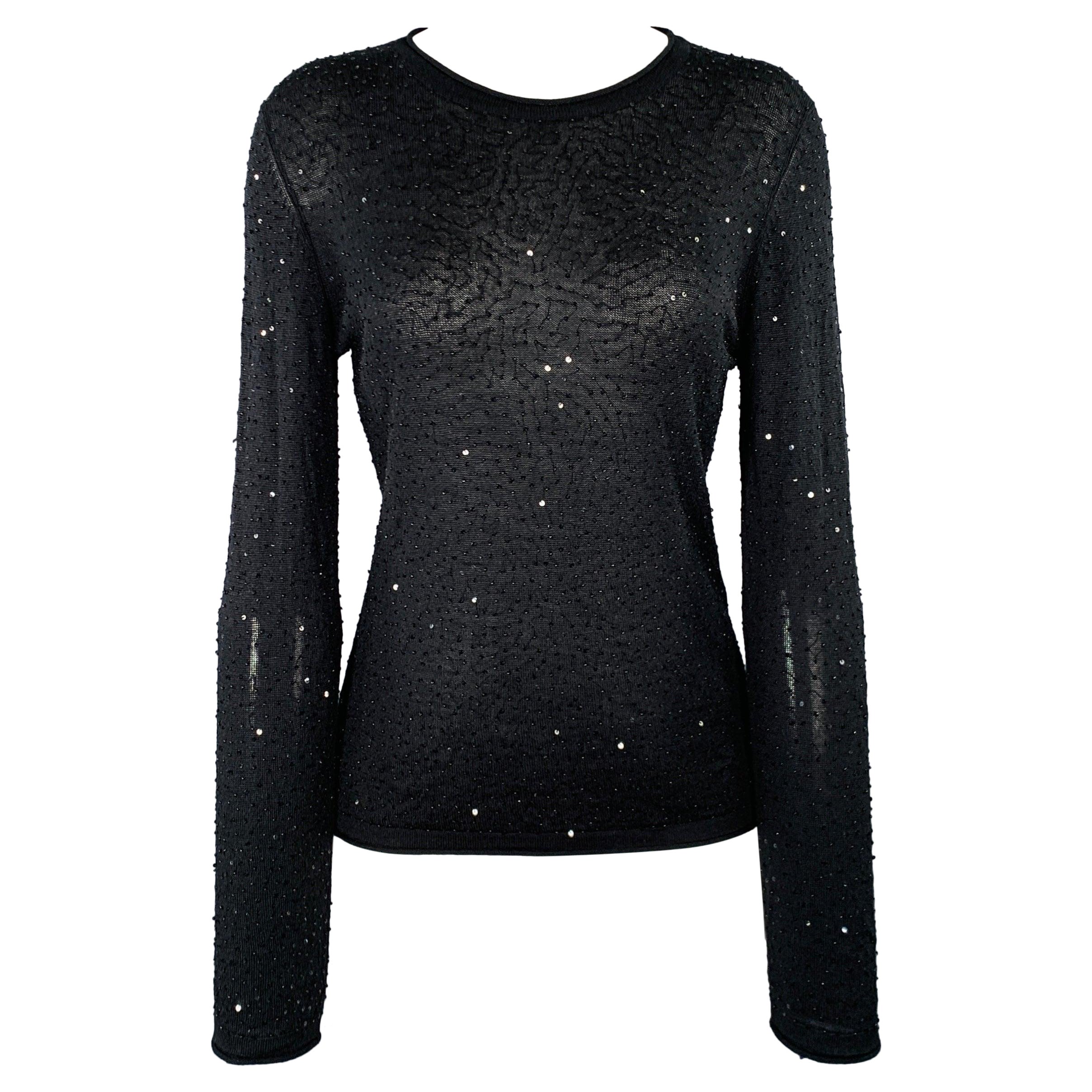 VIVIENNE TAM Size 2 Black Silk Cashmere Sequined Crew Neck Pullover For Sale