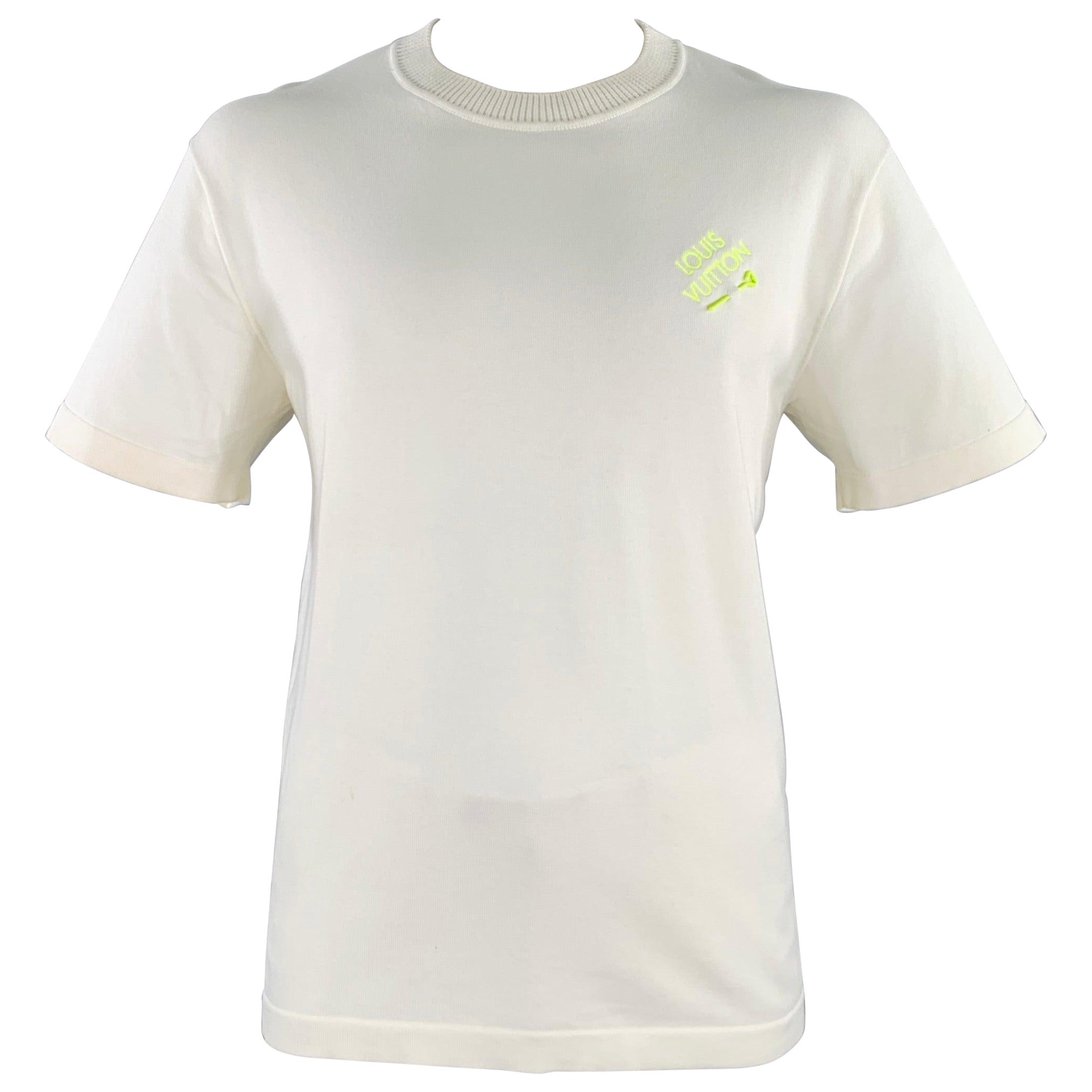 LOUIS VUITTON Size L Beige Knit Cotton Crew Neck T-shirt For Sale