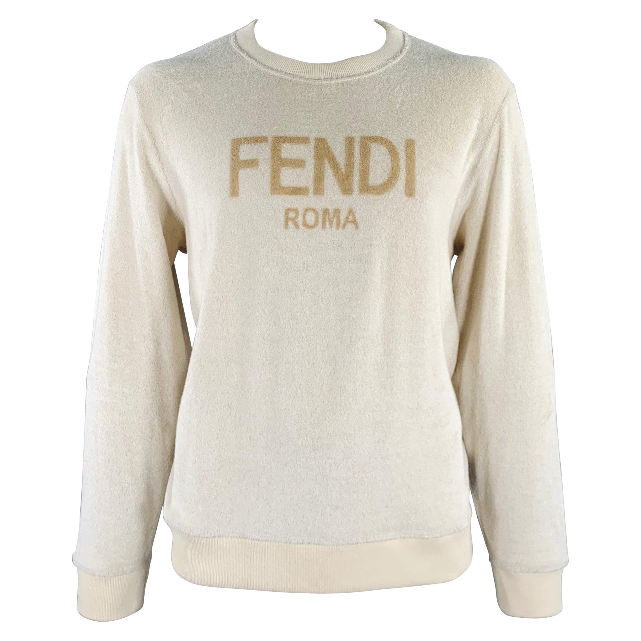FENDI Size XL Khaki Terrycloth Cotton Blend Crew Neck Sweatshirt