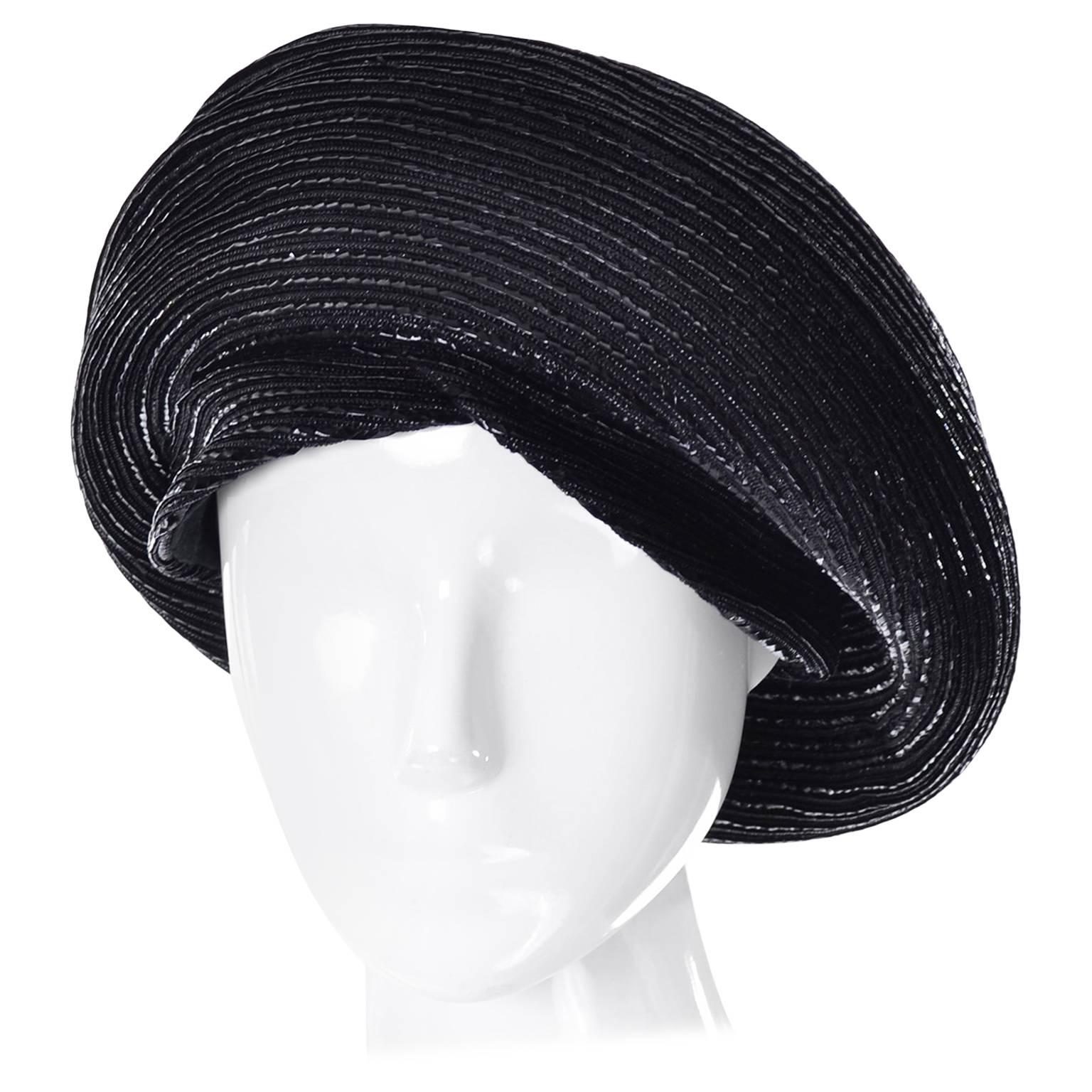 1960s Vintage Christian Dior chapeaux Turban Style Beret Hat Black Coated Straw