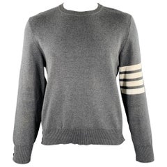 THOM BROWNE Pullover girocollo in cotone grigio e bianco taglia XL