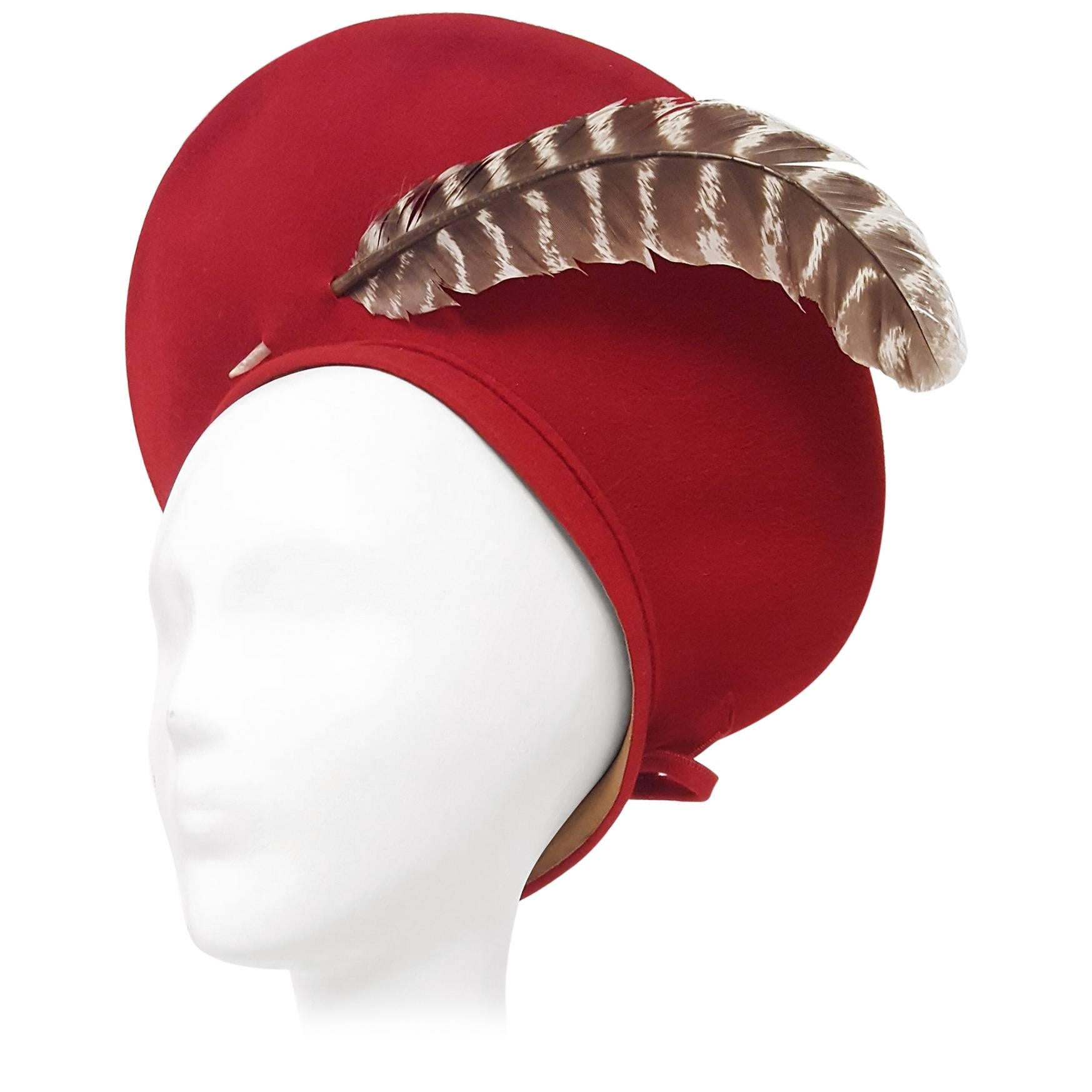 40s Stetson Red Felt Beret Hat w/ Feather Detail