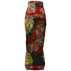 Retro Dolce & Gabbana 1999 Chinese Inspired Dragon and Fan Print Wiggle Maxi Skirt