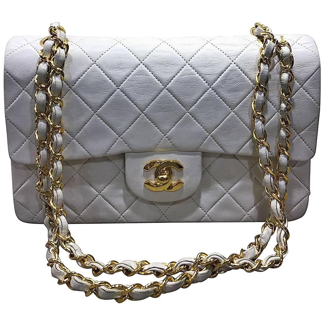 Chanel Classic White Quilted Lambskin Gold Chain Flap Bag 