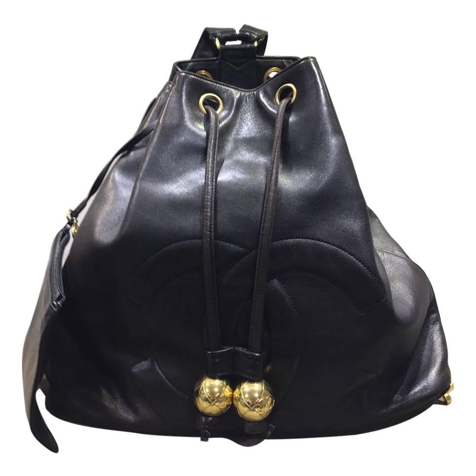 Chanel Black Lambskin Drawstring Backpack with "CC" Stitched Logo
