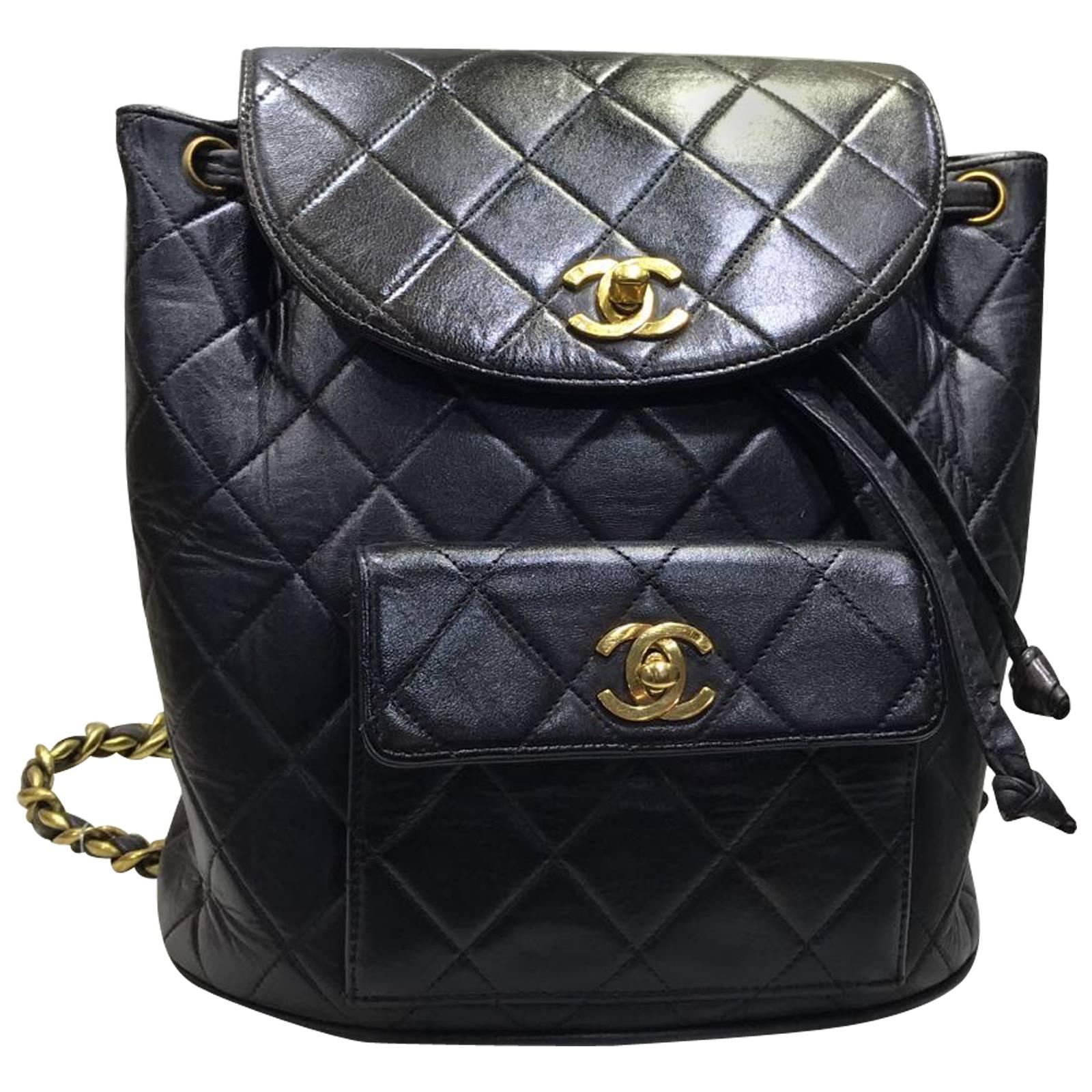 Chanel Black Quilted Lambskin Backpack with Gold Chain 