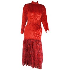 1985 Rare Alberta Ferretti Red Velvet Voland Skirt Long Dress