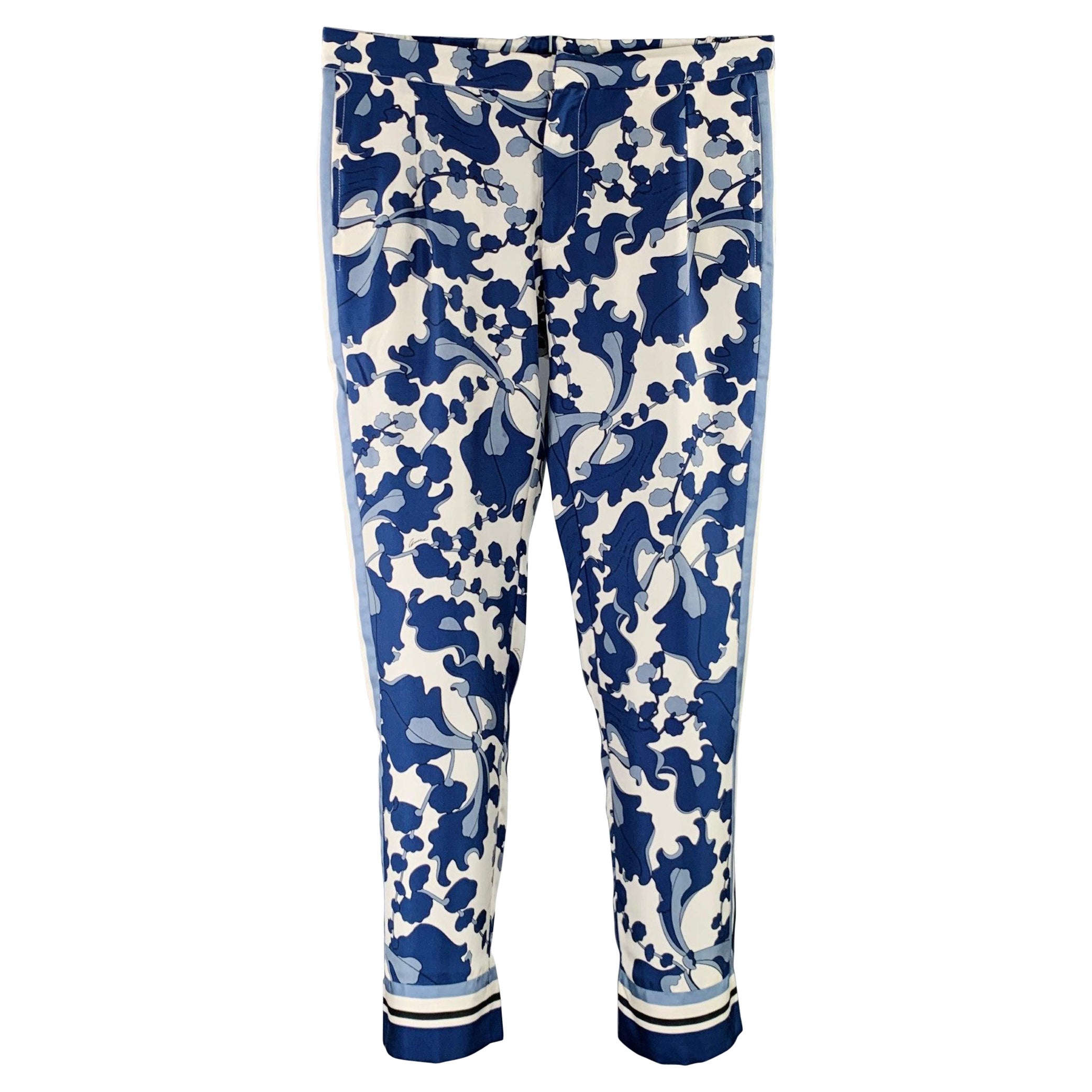 GUCCI Talla 32 Azul Blanco Floral Seda Cintura Elástica Pantalones Casual