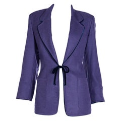 1990s Isaac Mizrahi Vintage Purple Blazer Jacket w Velvet Trim & Tie at Waist