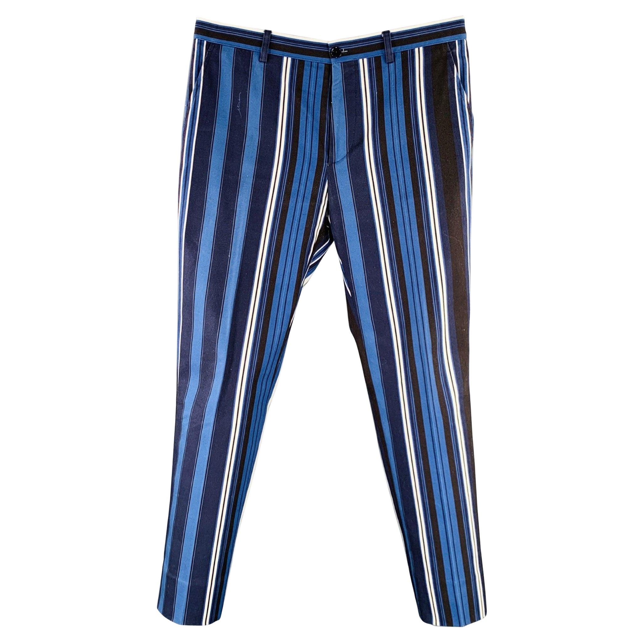 ETRO Talla 32 Azul Negro Blanco Raya Algodón Mezcla Pantalones Casual Frente Plano