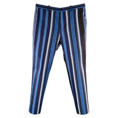 ETRO Talla 32 Azul Negro Blanco Raya Algodón Mezcla Pantalones Casual Frente Plano