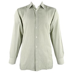 CHARVET Size L Green White Stripe Cotton Spread Collar Long Sleeve Shirt