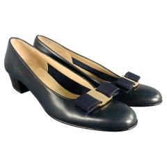 SALVATORE FERRAGAMO Size 5.5 Navy Leather Kitten Heel Pumps