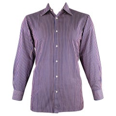 CHARVET Size L Navy Red Stripe Cotton Spread Collar Long Sleeve Shirt