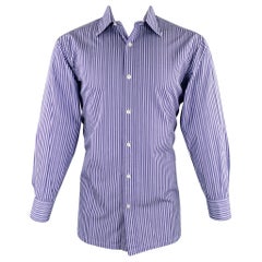 CHARVET Size M Blue Light Blue Stripe Cotton Spread Collar Long Sleeve Shirt