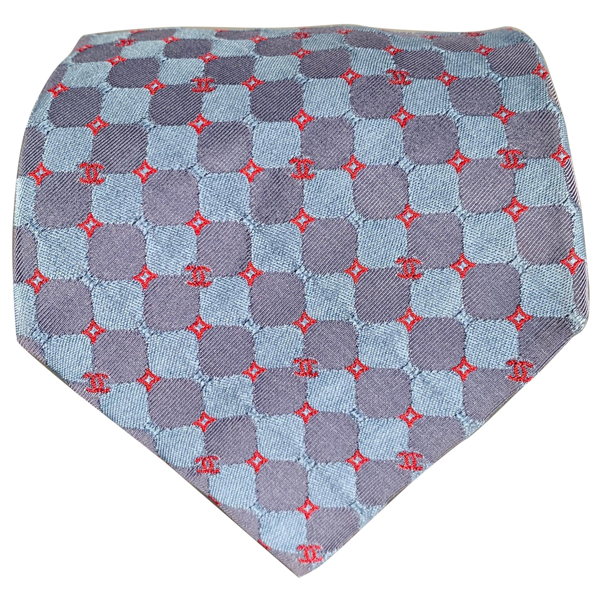 CHANEL Blue Red Squares CC Monogram Silk Tie