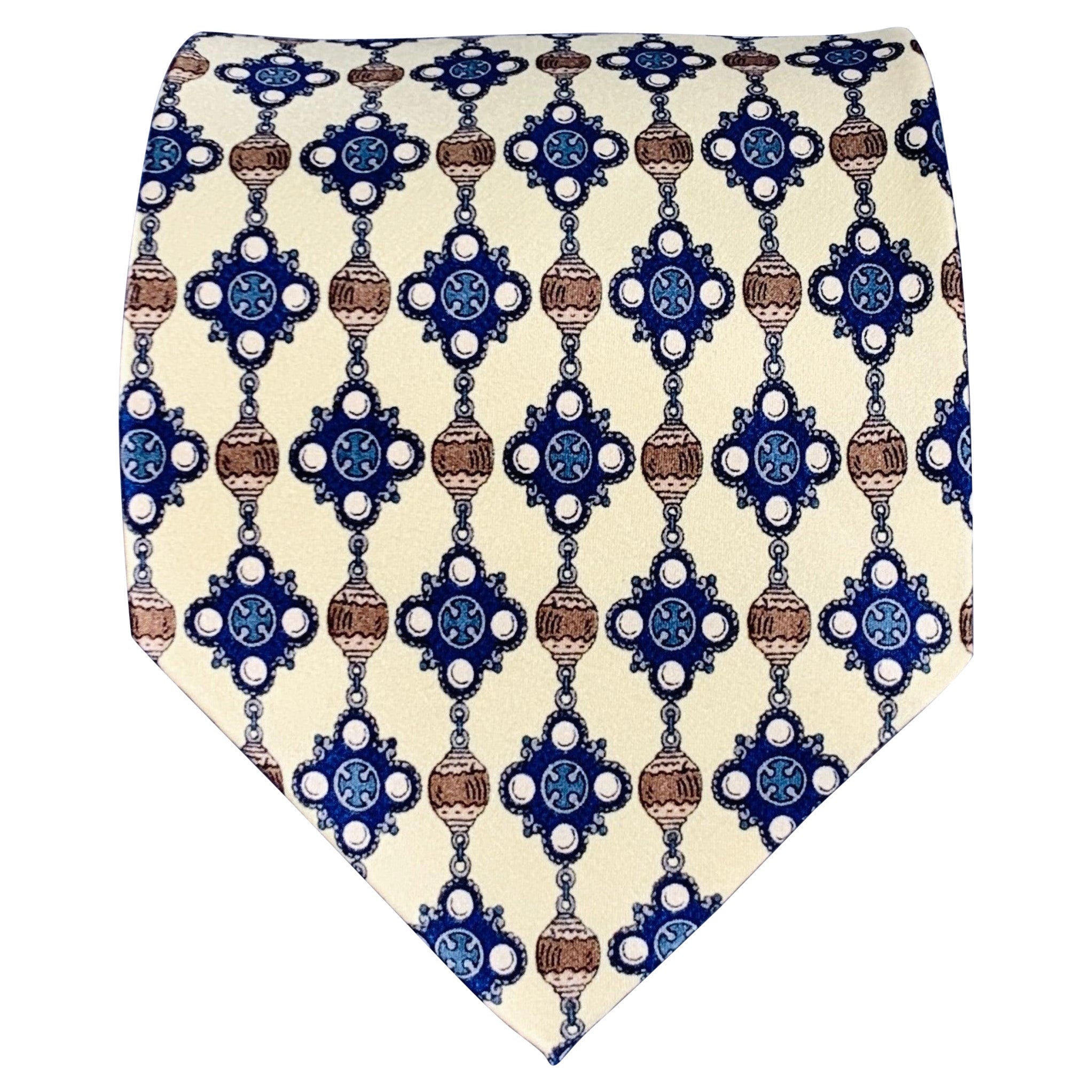 CHANEL Yellow Blue Abstract Beaded Print Silk Tie