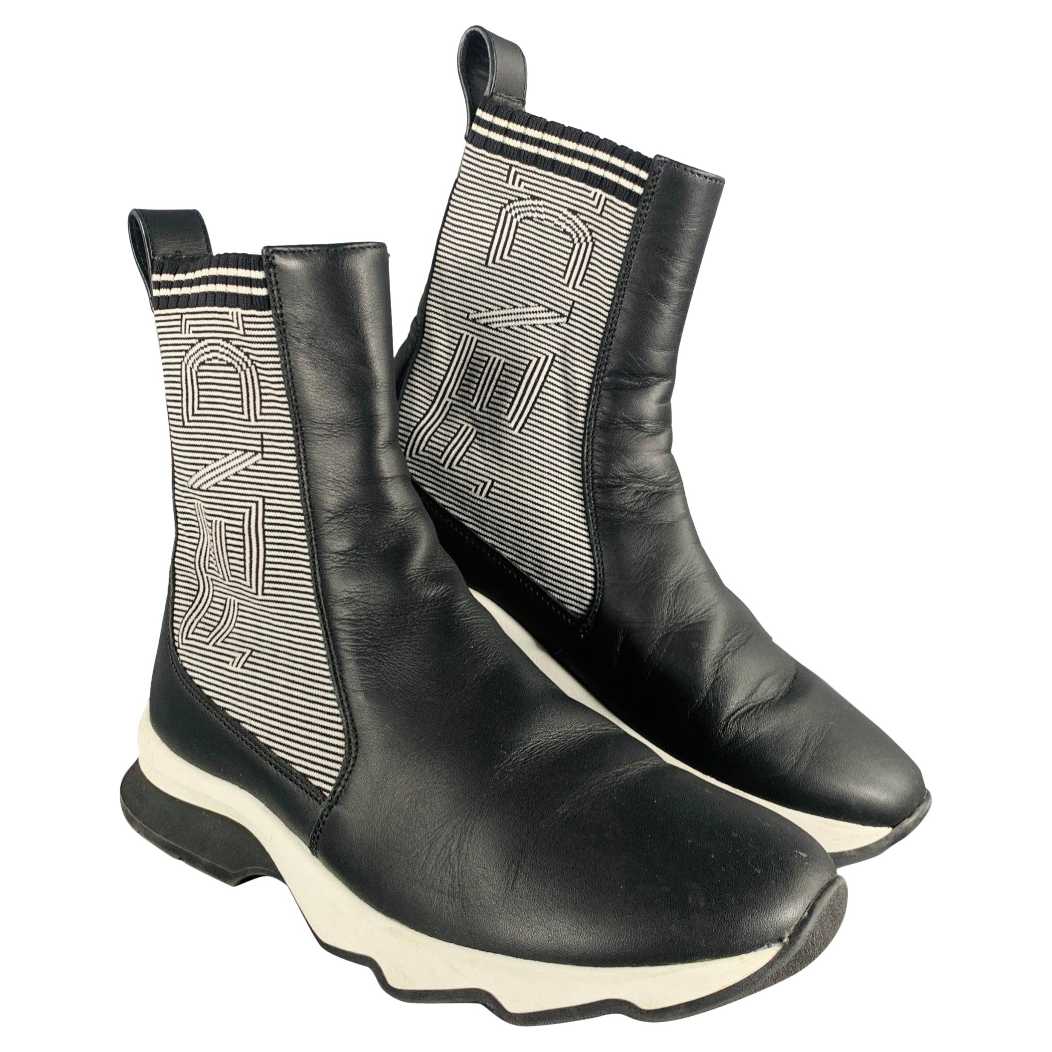 FENDI Size 6 Black White Leather Knit Sock Boots For Sale