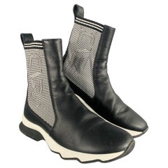Used FENDI Size 6 Black White Leather Knit Sock Boots