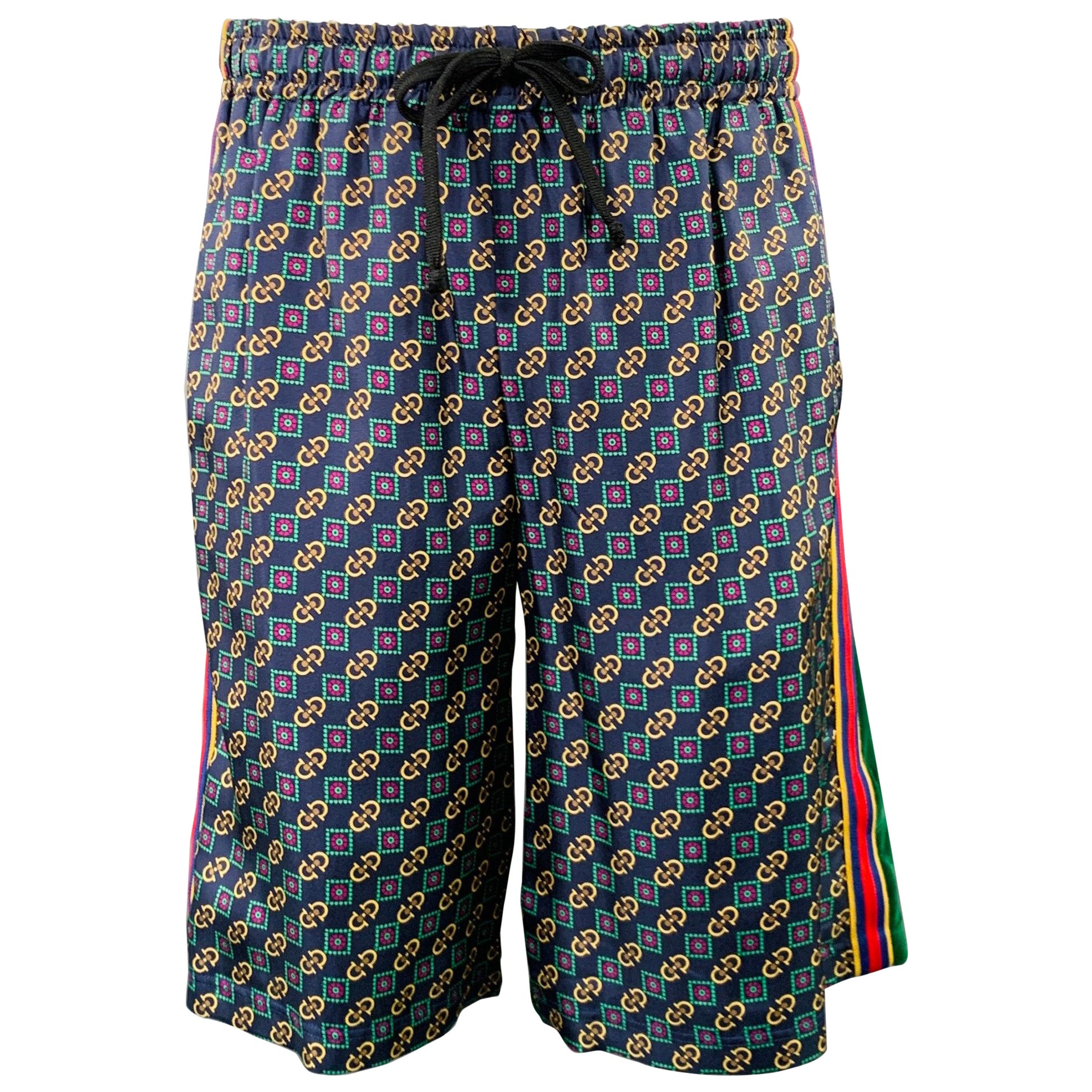 GUCCI Size S Green Multi Color Stripe Cotton Polyamide Drawstring Shorts