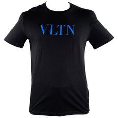 VALENTINO Size L Black Blue Logo Cotton Crew Neck T-shirt