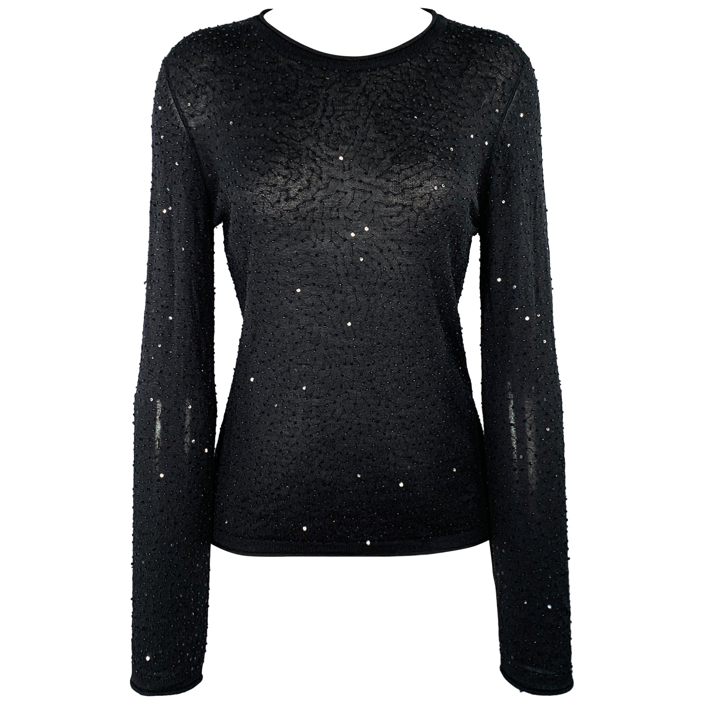 VIVIENNE TAM Size 2 Black Silk Cashmere Sequined Crew Neck Pullover For Sale