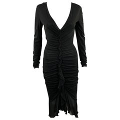 EMANUEL UNGARO Size XS Black Rayon Blend Ruffled Midi Cocktail Dress